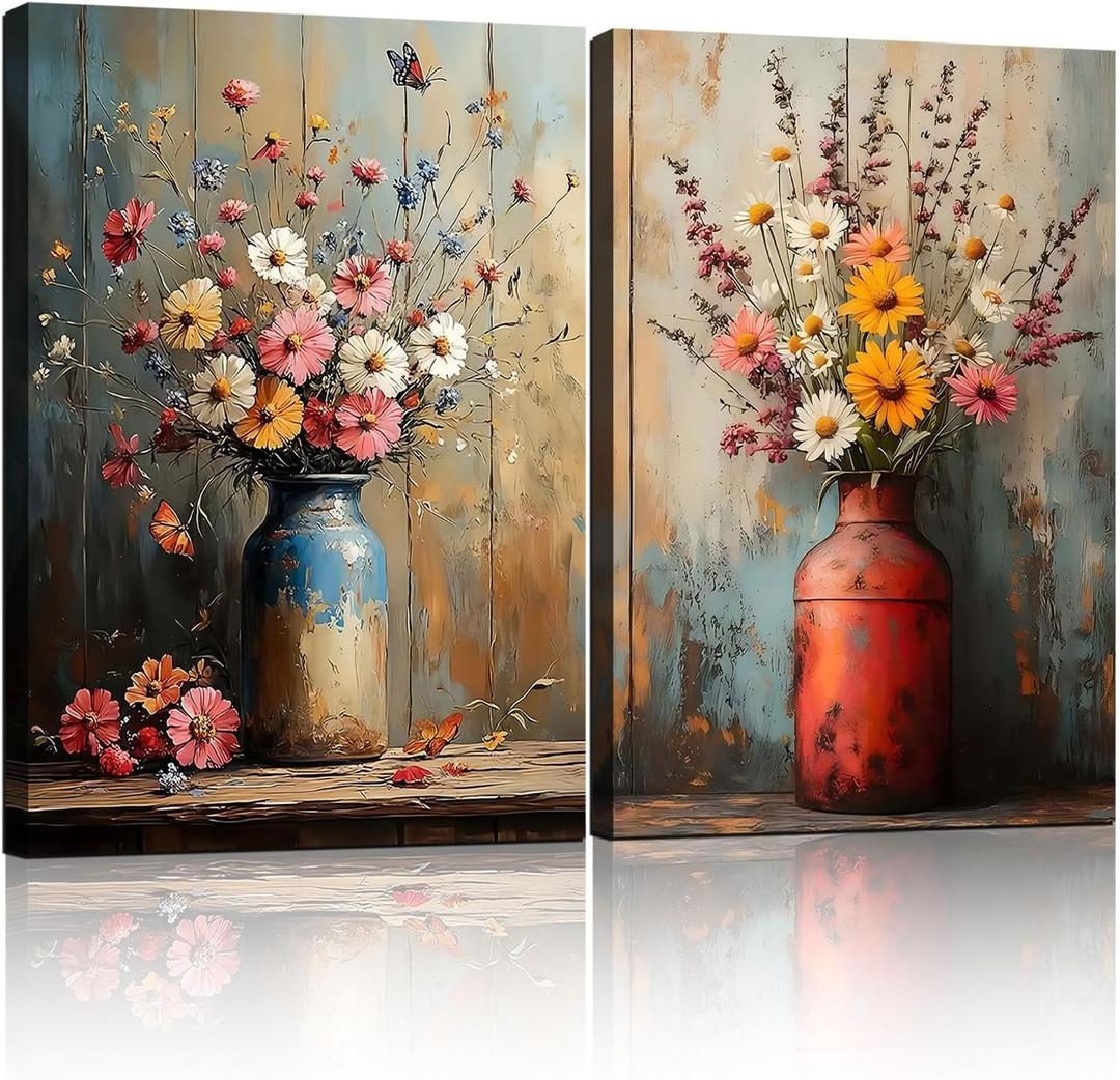 2pcs Framed Canvas Painting Wildflowers Vintage Floral Vase Butterfly Wall Decor For Living Room Bedroom Studio Hallway Country Farmhouse Style Art Poster Ready To Hang 24x16 Inch