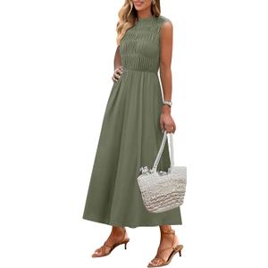ANRABESS Women's Summer Casual Maxi Dresses Sleeveless Boho Smocked Flowy A-Line 2025 Spring Beach Vacation Sundress Pockets Olive Green XX-Large