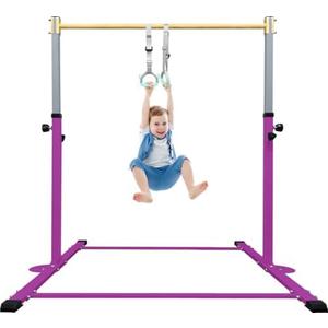 JOYSFIT Adjustable Gymnastics Bar for Kids with Mat - Sturdy Kip Bar with Rings, Horizontal Bar for Home Training, 3'-5' Height, Ages 3-15, 250 LBS Capacity, Easy Assembly