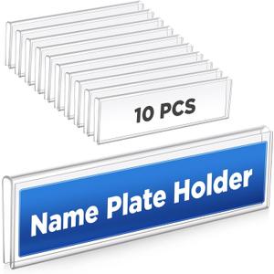 10 Pack Plastic Cubicle Name Plate Holder 8.5" Wide x 2" High Glass Wall Name Plate Holder Clear Acrylic Sign Display Stand for Home Office Business (Suitable for 1/4" Cubicle Wall)