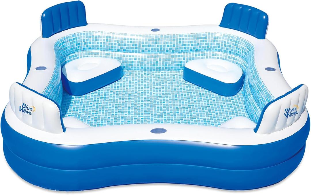 Blue Wave Premier Family Inflatable Pool with Seats 88-in x 88-in x 26-in Four-Seater Pool for Backyard Fun Durable 4-Person Inflatable Pool with Cover, Drain Plug & Repair Patch