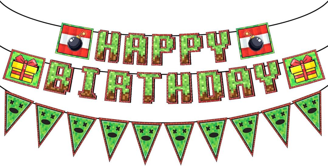 IndoTribe Pixel Happy Birthday Banner Pre-strung - 10ft Pennant Banner Flag Video Game Birthday Decorations Miner Backdrop Gaming Birthday Party Decorations Gamer Party Decorations (Green Set)