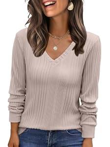 ANRABESS Womens V Neck Sweaters 2025 Fall Long Sleeve Shirts Lightweight Ribbed Knit Basic Casual Office Work Tunic Tops Light Apricot Large