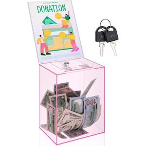 Kathfly Large Pink Acrylic Donation Box with Lock 5.9 x 7.8 x 9.8 Inch Safe Ballot Suggestion Box with Sign Holder and Slot Tip Jar Voting Collection Raffle Mailbox for Voting Fundraising Collection