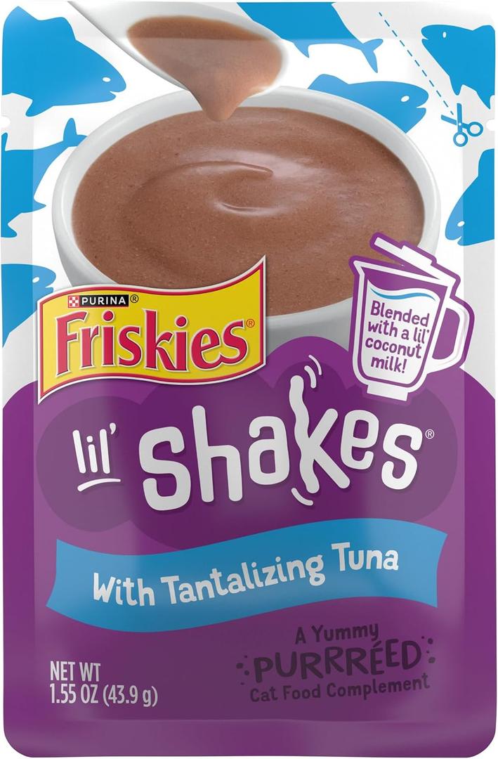 Purina Friskies Pureed Cat Food Topper, Lil’ Shakes With Tantalizing Tuna Lickable Cat Treats - (Pack of 16) 1.55 oz. Pouches (EXP 02/01/26)