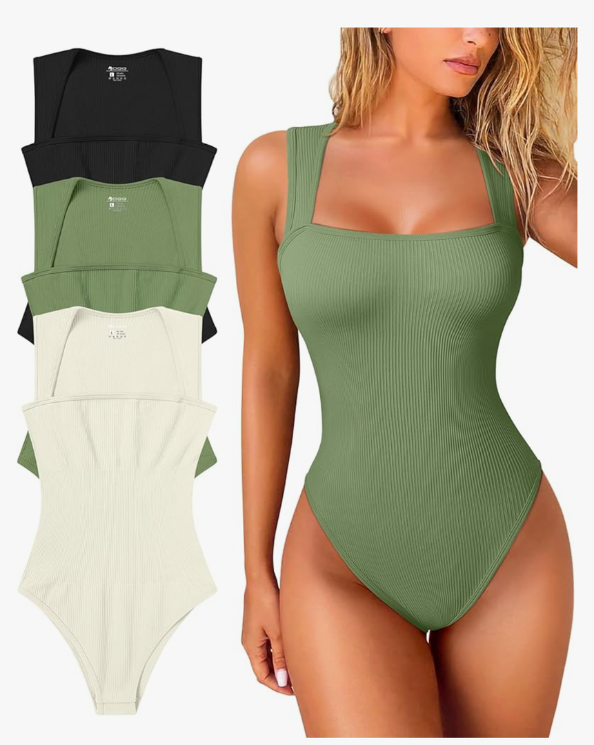 OQQ Women's 3 Piece Bodysuits Sexy Ribbed Strappy Square Neck Sleeveless Tummy Control Tank Tops Bodysuits, Size Medium