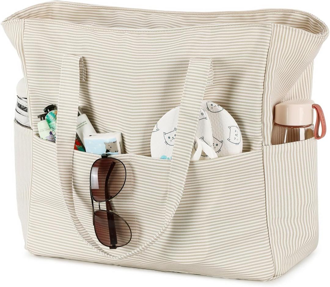Waterproof Beach Tote Pool Bags for Women Ladies Extra Large Gym Tote Carry On Bag With Wet Compartment for Weekender Travel (S Khaki Stripes)