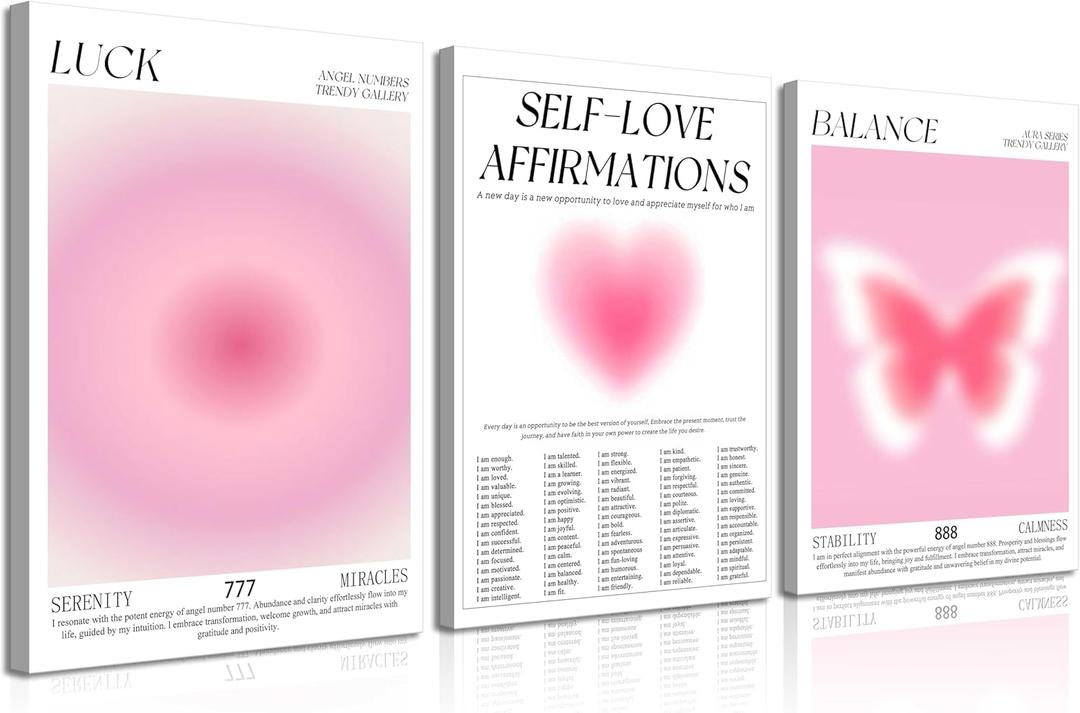 3Pcs Pink Gradient Aura Canvas Wall Art Trendy Abstract Angel Number Positive Affirmation Spiritual Posters Prints Aesthetic Wall Decor Pictures for Living Room Bedroom Decoration, 12x16in
