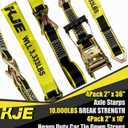 KJE Heavy Duty Car Trailer Tie Down Straps with Reflective - (4) 2" x 10' Ratchet Straps + J-Hooks with Clip, (4) Axle Straps 2" x 36'' - 10,000lbs Break Strength - Use for Car, Truck, UTV Transport