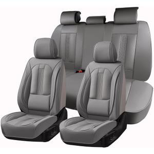 Huidasource Car Seat Covers Full Set, Car Seat Cover Nappa Leather with Lumbar Support, Side Elastic Fabric, Velcro Adjustable, Airbag, Ventilation Heating Universal Fit for Most Cars SUV Trucks, Gray