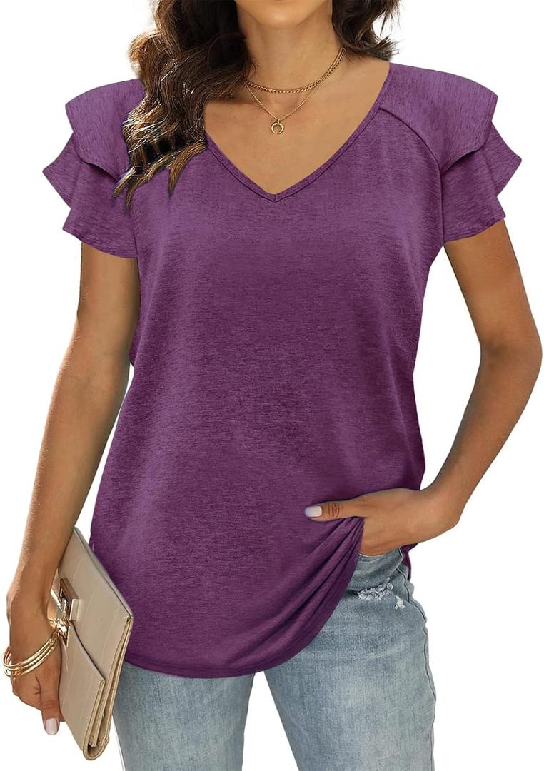 T&Twenties Womens Summer Tops Ruffle Short Sleeve Tunic Tops V Neck Loose Fit Flowy T-Shirts (Purple, L)