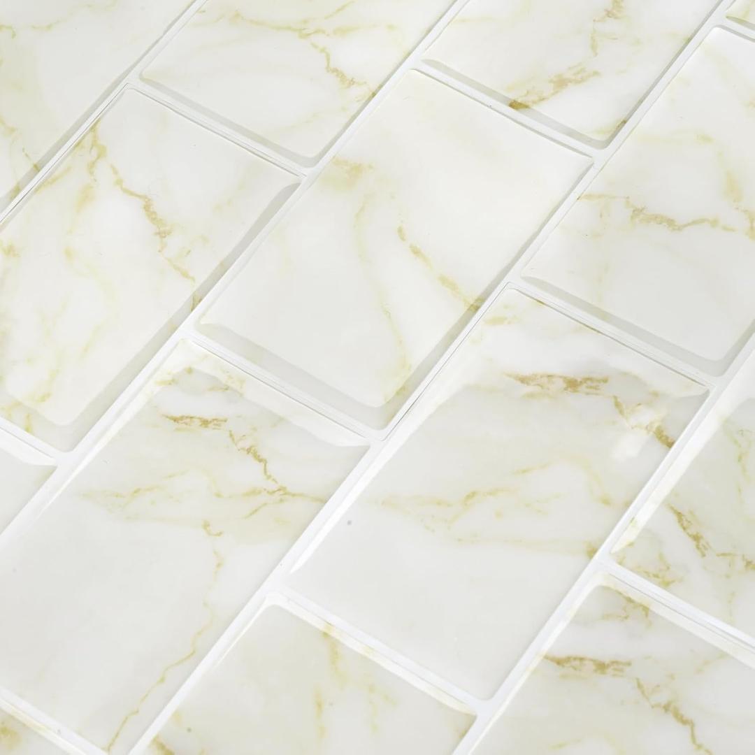 Subway Tile Peel and Stick Backsplash 10 Sheets Peel and Stick Wall Tiles Waterproof Self Stick Kitchen Backsplash 3D Marble Sticker Bathroom Wallpaper for Walls Laundry Room Gold 12"x12"