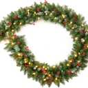 9 Feet Pre-Lit Christmas Garland, Mixed Pine Decorated with Frosted Berries, Pinecones, 50 LED with Timer, Battery Operated, for Mantle Staircase Indoor and Outdoor (Green White)