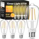 ST19 Timer Light Bulb 4 Pack: Vintage Edison LED Bulbs with Built-in Timer, 3H/6H/9H/12H Auto Modes, Warm White 2700K 600lm, E26 Base, No WiFi, Energy Saving Indoor/Outdoor Porch & Patio Light