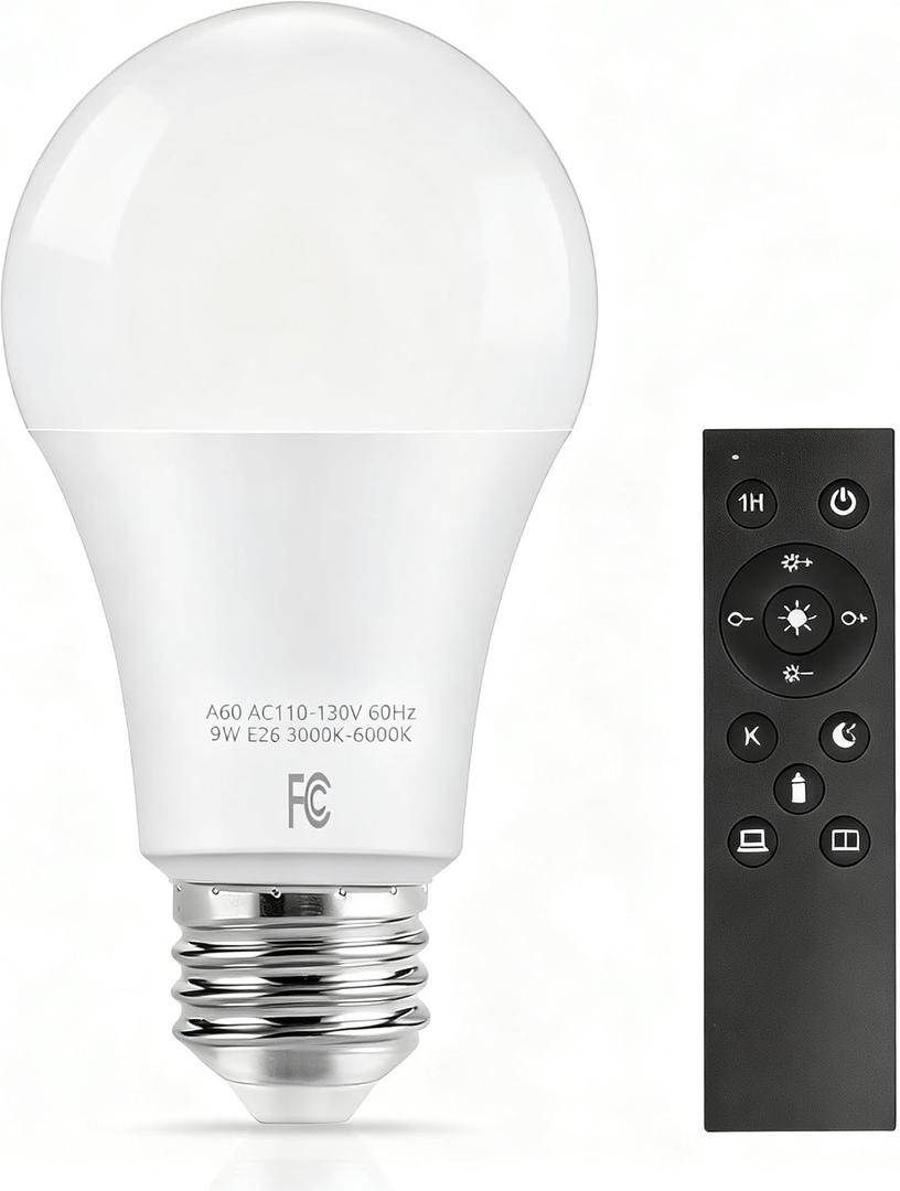 Remote Control Light Bulbs, A19 LED Bulb, 9W LED Bulb (60W Equivalent), 810LM, 3000K-6000K Dimmable 10%-100%, E26 Base, Light Bulb with Timer for Living Room, Bedroom, 1-Pack