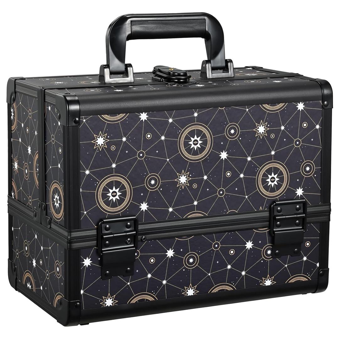 Joligrace 11.8 inch Makeup Train Case Cosmetic Organizer Box Lockable with 3 Trays and a Brush Holder Pattern Collection - Star Chart (Galaxy)
