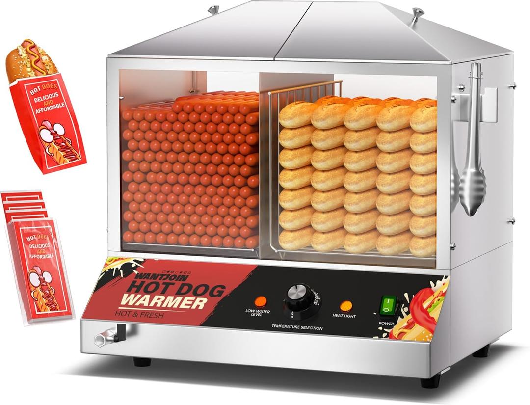 Commercial Hot Dog Steamer - 36L/38QT Electric Hot Dog Steamer with Bun Warmer, Stainless Steel Hot Dog Cabinet with Tempered Glass 200-275 Sausages & 40-45 Buns, 1200W (Silver)
