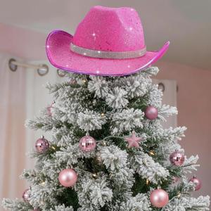 Pink Christmas Tree Cowgirl Topper Hat 12 Inch Rhinestone Western Cowboy Glitter Xmas Tree Top Decoration Cowgirl Doll Topper Hat Xmas Desktop Decor for Christmas Winter Home Party Decor