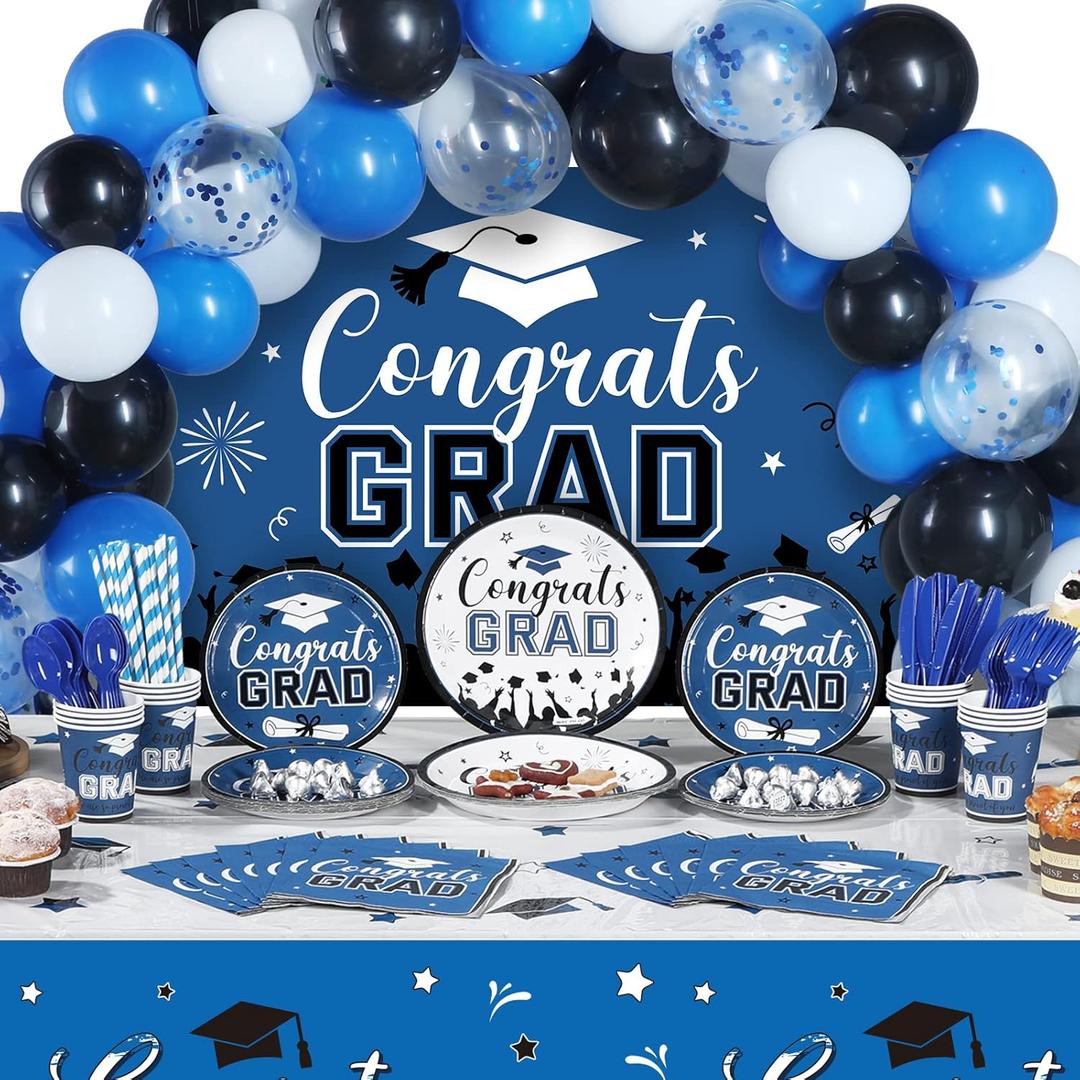 Tatuo 277 Pcs Graduation Decoration Class of 2025 Party Supplies Kit Congrats Balloons Grad Party Disposable Dinnerware Backdrop Tablecloth for High School College Grad Celebration, Serves 24(Blue)
