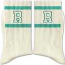 Forest Green and White Striped Crew Socks with the Letter Classic Varsity Sports Style Monogram Socks (Beige)