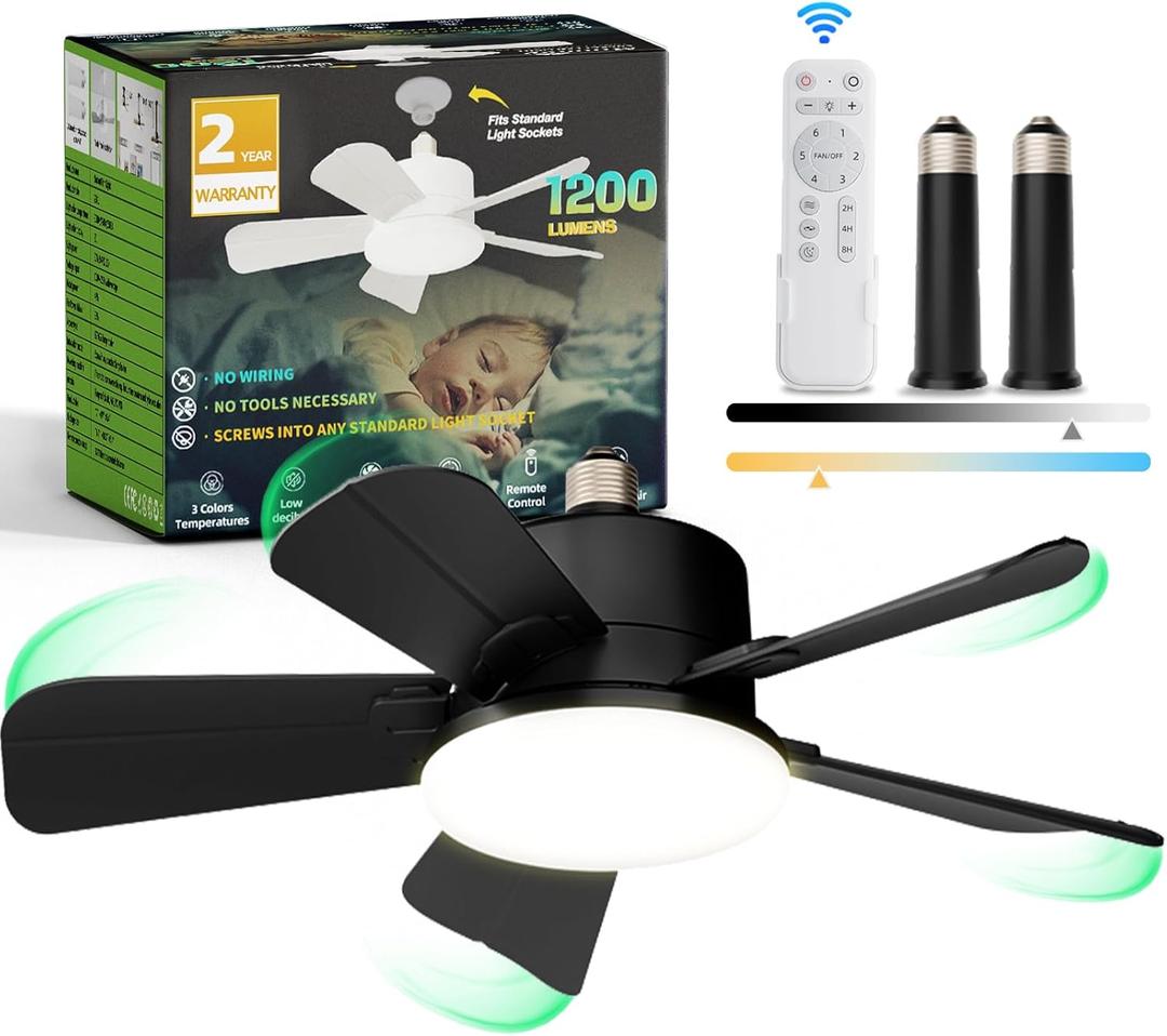 Socket Fan Light with Remote, Light Bulb Fan with 6 Wind Speeds, 3 Color Dimmable, Up to 1200LM/6500K, Mute Button, Reversible, for Kitchen, Garage (Black)