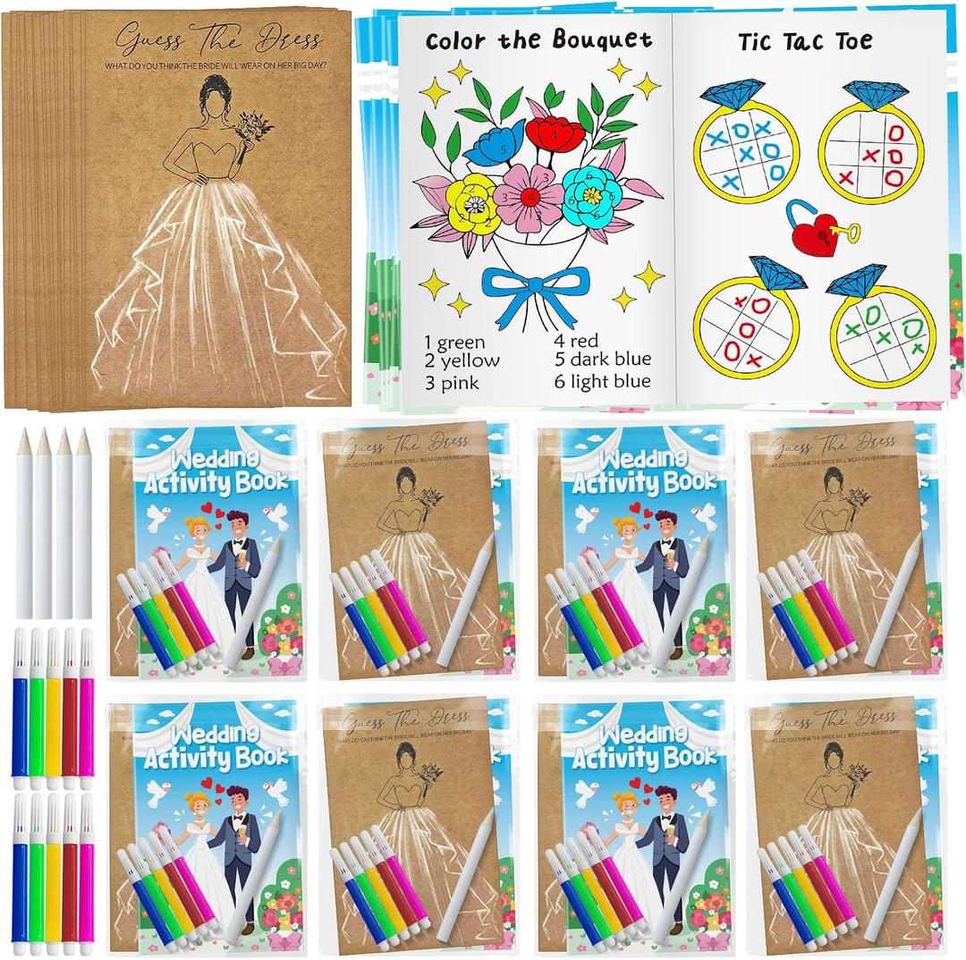 Cinrobiye Wedding Activity Set for Guests, Coloring Books & Guess the Dress Cards, Wedding Table Games for Kids, Reception Entertainment, Bridal Shower Favors & Goodie Bag Fillers