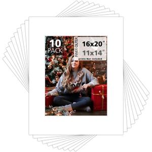 Mat Board Center, 10 Pack 16x20 for 11x14 White Photo Picture Mats - Acid Free, 4-ply Thickness, White Core - for Pictures, Photos, Framing