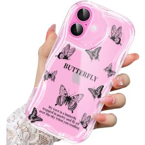 2 x Compatible for iPhone 16 Case, Pretty Butterfly Print Three-Dimensional Wave Clear Case for Girls Women, Soft Full Package Anti-Fall Cover for iPhone 16, Shadow Dance Black