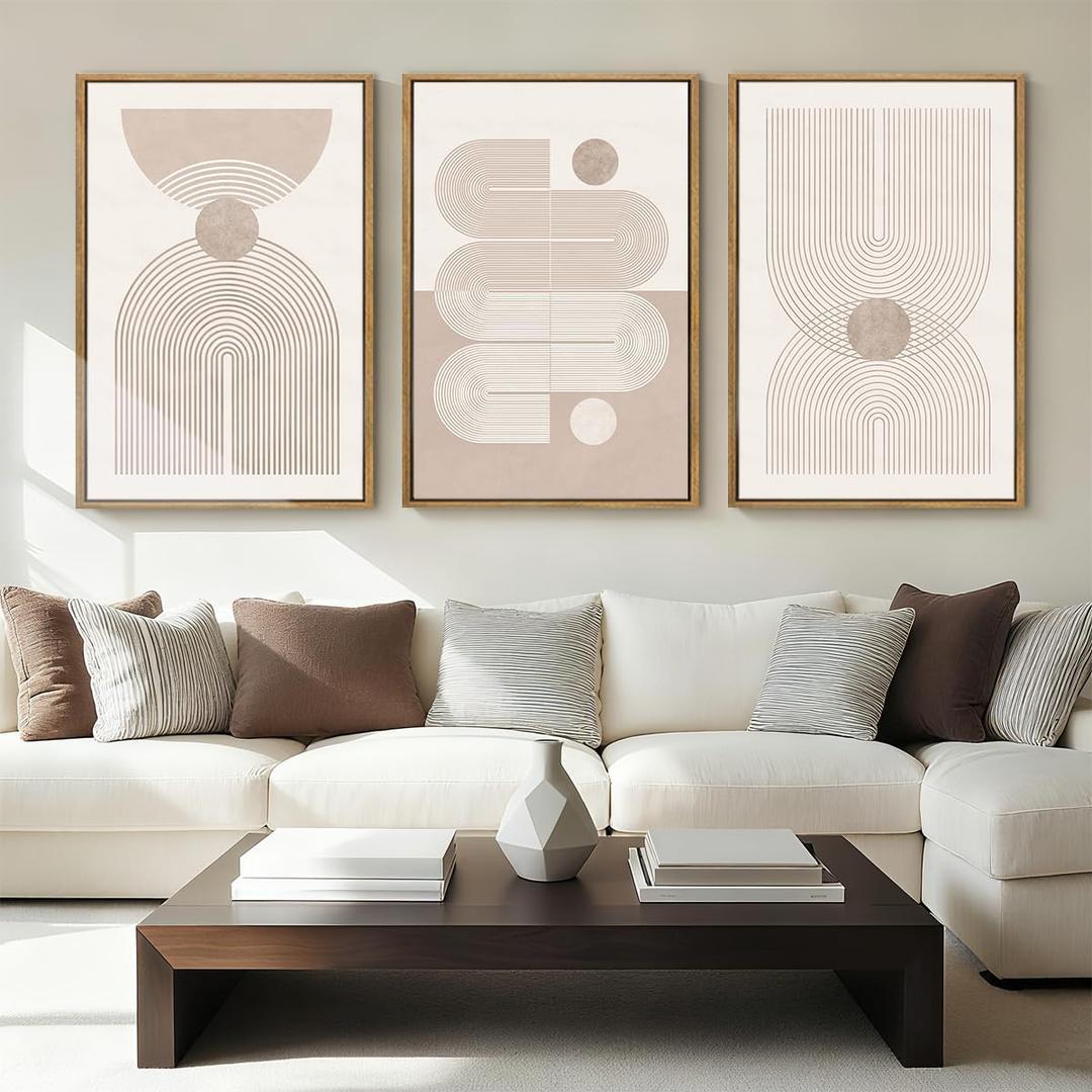 Anyzal Large Boho Framed Wall Art 16x24 Inch Beige Neutral Minimalist Canvas Pink Abstract Modern Geometric Artwork for Living Room Bedroom Dining room Set of 3