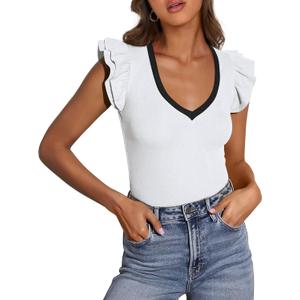 PRETTYGARDEN Womens V Neck Summer Tops Ruffle Sleeveless Slim Fit T Shirts Going Out Casual Blouses 2025 (Beige White, Medium)