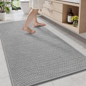 AMOAMI Thin Bath Mat, Super Absorbent Bath Mats for Bathroom, Quick Dry Rubber Backed Bath Rug Non Slip, Chenille Surface Thin Bathroom Rugs Fit Under Door,Low Pile Shower Rug, Light Grey, 24" x 70"