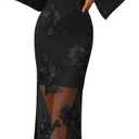 Caracilia Womens Fall Bodycon Bell Long Sleeve Midi Wedding Guest Dress (Black, XL)