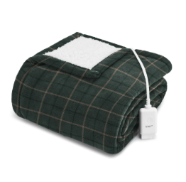 Sunbeam Oversized Microplush & Sherpa Heated Throw - Green Plaid 60x70