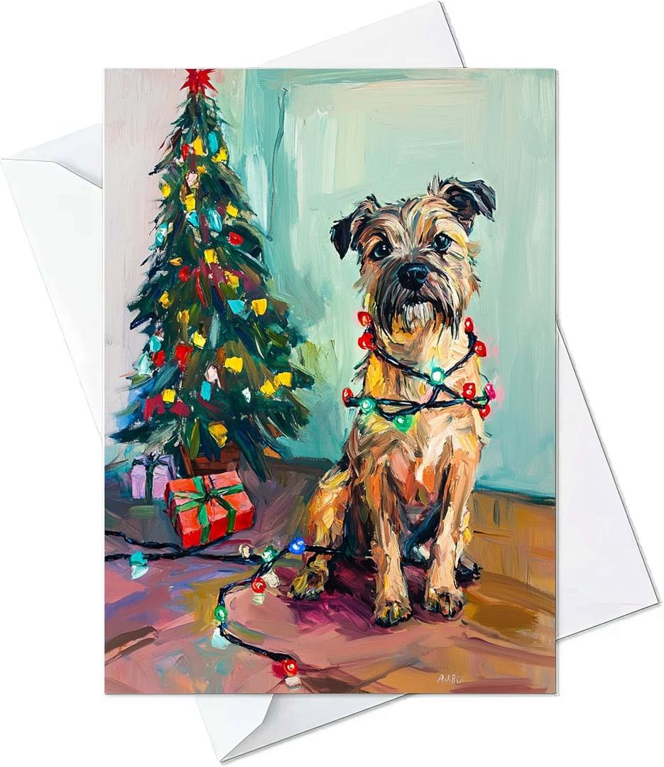 Border Terrier Tangled in Christmas Lights Greeting Cards - Cards with Envelopes - (Set of 10) Large 5.8 x 8.3 inch Folded Card Blank Note Cards Holiday Xmas 7 (Border Terrier, Pack of 10)