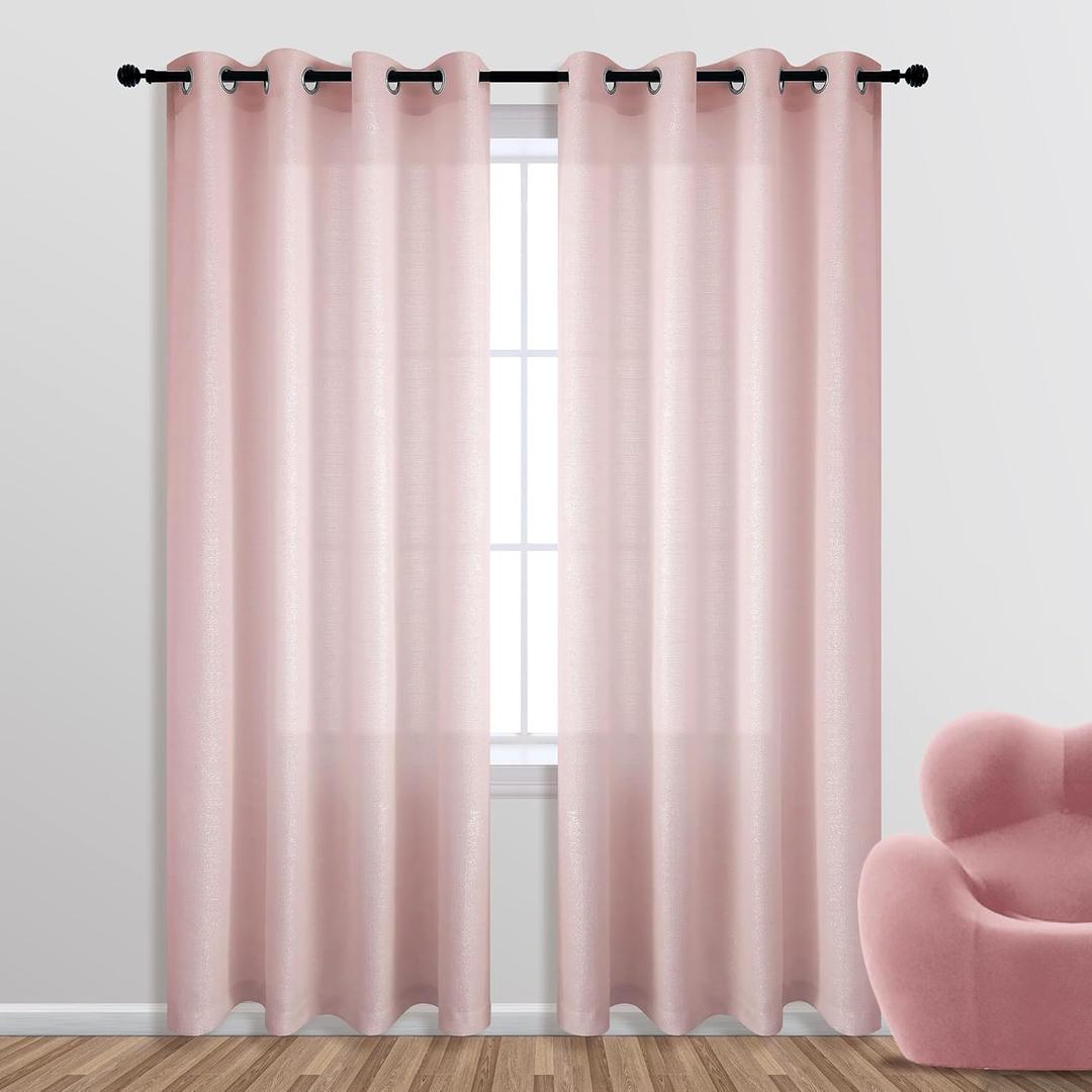 KOUFALL Rose Gold Curtains 84 Inch Length for Bedroom 2 Panels Grommet Window Semi Sheer Privacy Light Filtering Sparkle Metallic Shimmer Blush Pink Glitter Curtains for Girls Room Living Room Decor