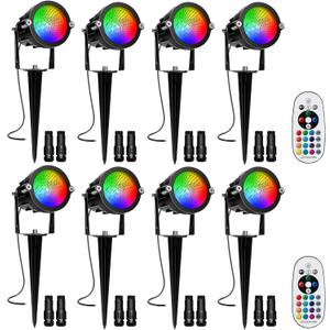 RGBW Low Voltage Landscape Lights, 10W 12/24V Color Changing Landscape Lighting with Remote, IP65 Waterproof Outdoor LED Spotlight for Garden Christmas Halloween, 8 Pack with Connectors