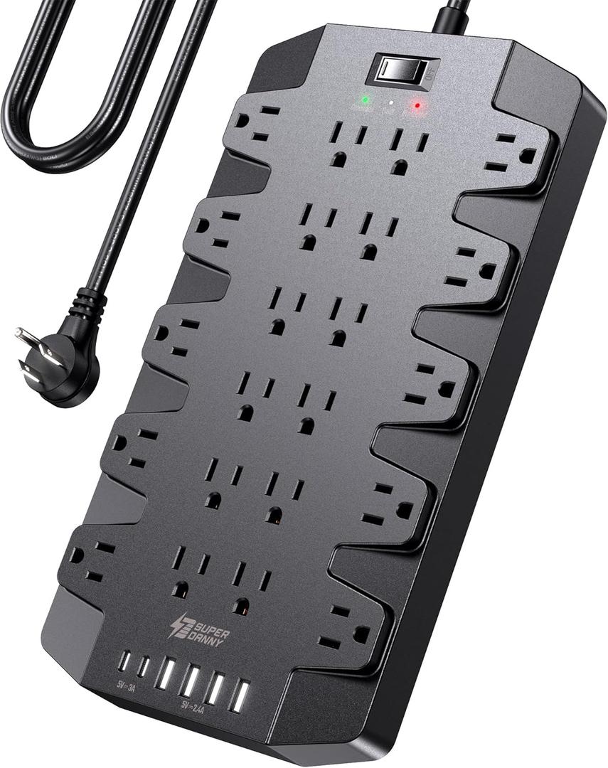 Power Strip, SUPERDANNY Surge Protector with 22 AC Outlets, 2 USB-C and 4 USB Ports, 1875W/15A, 2100J, 6.5Ft Extension Cord Surge Protector Power Strip with Wall Mount Holes for Home, Office, Dorm