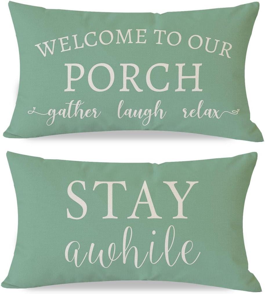 PANDICORN Welcome to Our Porch Stay Awhile Eucalyptus Green Outdoor Farmhouse Lumbar Decorative Throw Pillow Covers 12x20 Inch Set of 2 Cozy Relax Spring Summer Decoration for Sofa Couch Porch Decor
