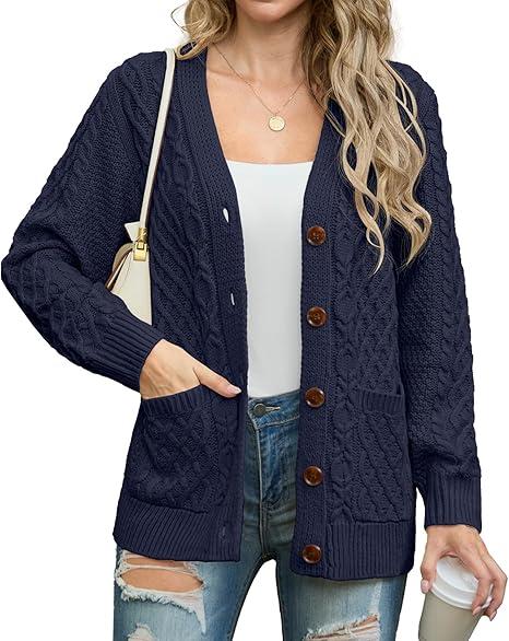 GRECERELLE Women 2025 Fall Long Sleeve Cable Knit Sweater Button Open Front Cardigan Loose Outerwear Coat with Pockets (Navy Blue, 2XL)