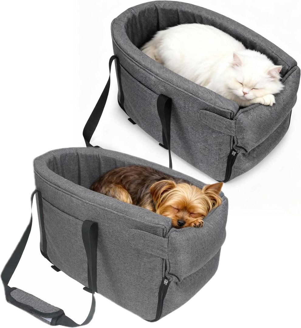 Small Dog & Cat Car Seat, Detachable Seat, Console Fit, Adjustable Straps, Storage Pocket & Clip-On Leash - Ideal for Pets Under 15 lbs (Grey)