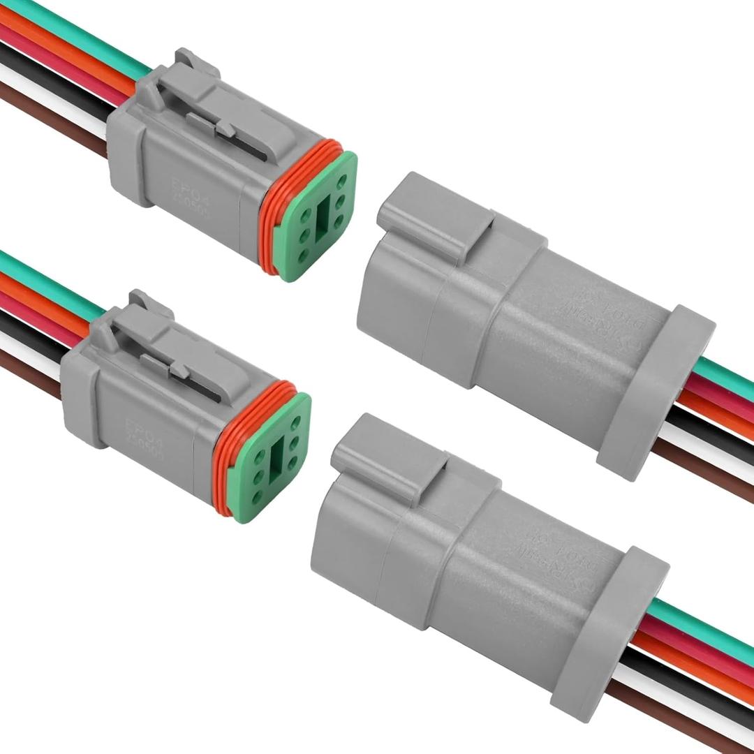 JRready ST9035-06-02 Deutsch 6 Wire DT Connectors Kit 14AWG (UL3266), Gray IP68 Waterproof Automotive Electrical 6 Pin Male and Female Wire Harness Connectors with Pigtail for Car Truck Boat, 2 Sets