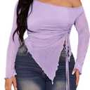 RoseSeek Women's Plus Size Sheer Mesh Off Shoulder Tops Long Sleeve Drawstring Asymmetrical Hem Ruched T Shirt Mauve Purple X-Large Plus