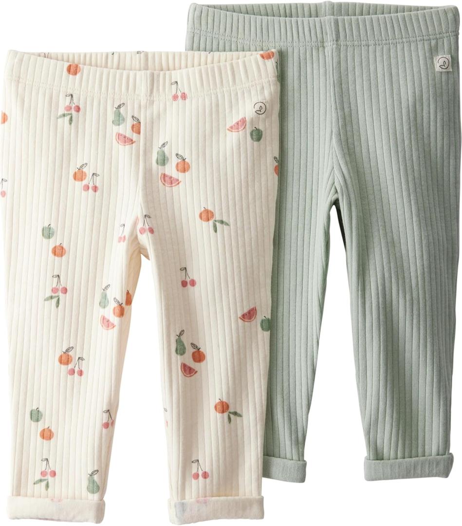 little planet by carter's Baby 2-Pack Terry Pants Made with Organic Cotton (Mint, Fruit Print)