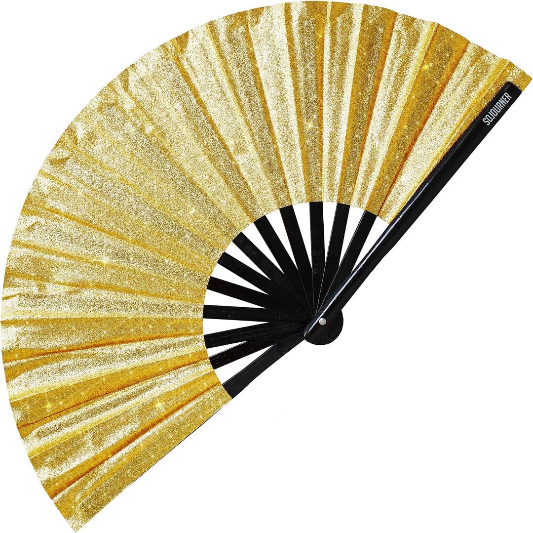 SoJourner Bags Glitter Gold Glitter Rave Fan - Large Folding Clack Fan for Men and Women - Rave Accessories for EDM, Line Dancing, Cosplay, Concerts and More