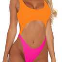 Sovoyontee Women's Sexy One Piece Swimsuits Cheeky Thong Bikini Bathing Suit Cut Out Monokini Orange & Pink S