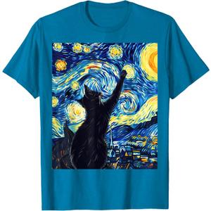 Van Gogh Style Starry Night Cute Cat Art T-Shirt (Blue, L)