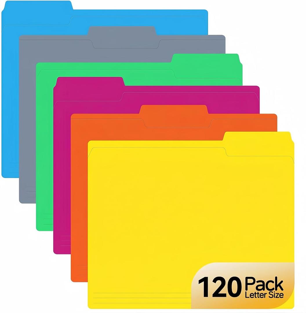 Colored File Folders, 120 Pack Letter Size 8.5 x 11, 1/3-Cut Tabs, 6 Assorted Colors, Paper Document Folders for Home, Office and School Filing