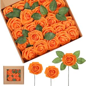 Syhood Artificial Foam Rose Flowers Vintage Fake Roses DIY Bouquets with Leaves and Stems for Wedding Bridal Shower Party Centerpieces Home Romantic Decor(Orange,50 Pieces)
