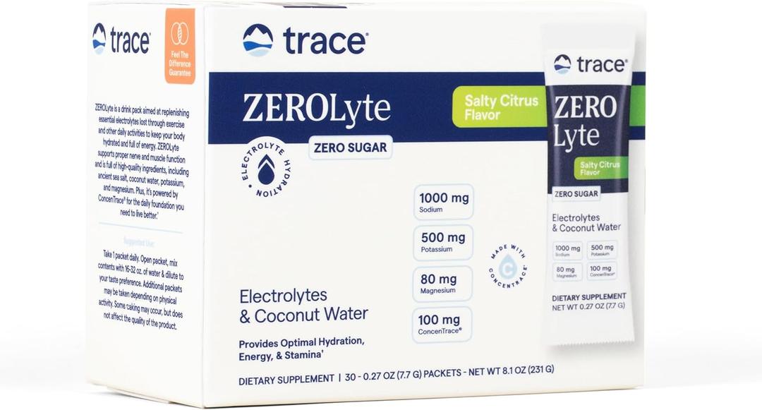 Trace Minerals ZeroLyte Salty Citrus Flavor - Sugar Free Electrolyte Drink Mix - Supports Hydration, Energy, Stamina - Ancient Sea Salt, Full Spectrum Minerals, Coconut Water - 30 Packets