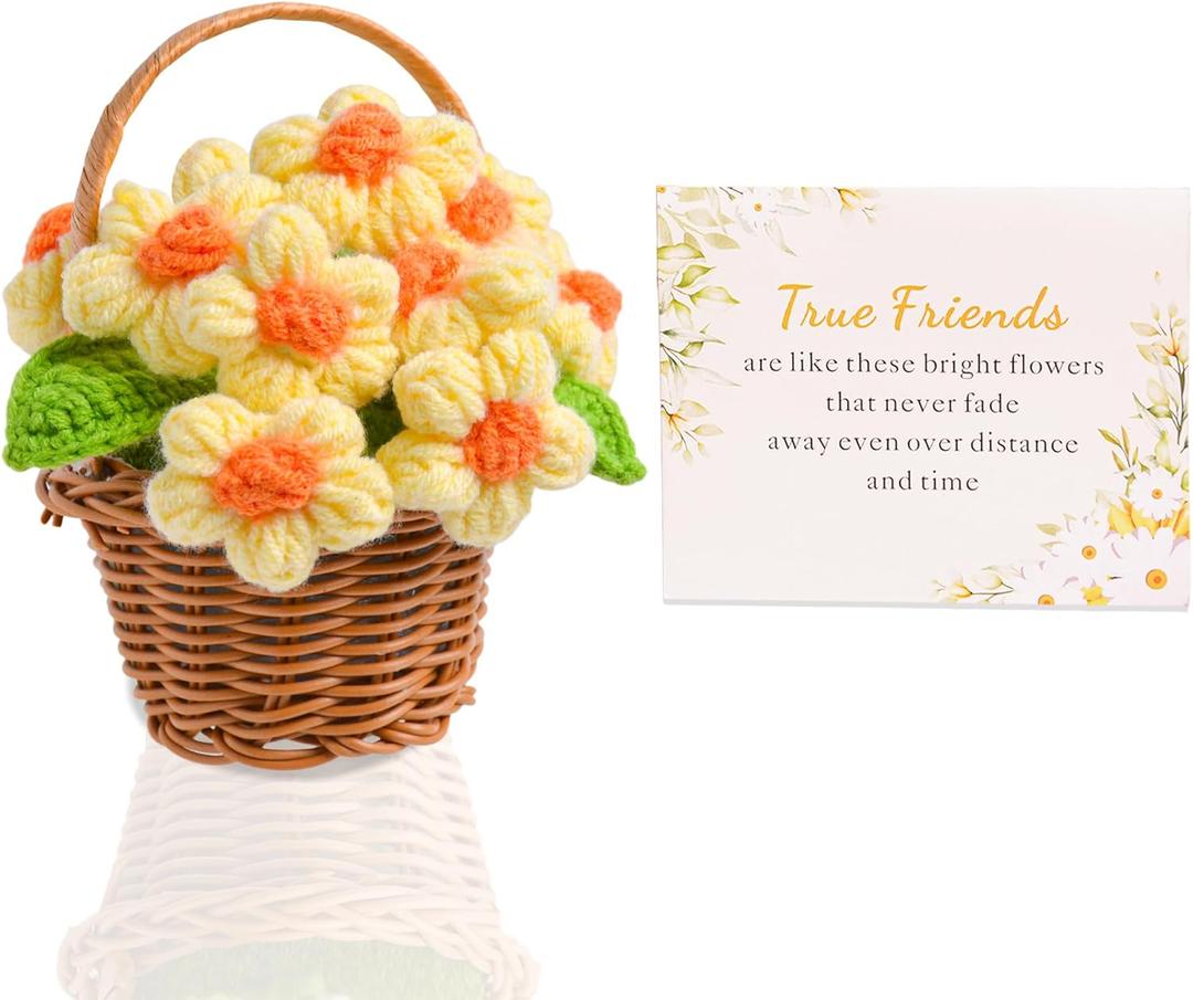 Best Friend Birthday Christmas Crochet Flowers Basket for Women Friends Long Distance Moving Away Leaving Farewell Gift Handmade Flower Decor with Basket Bestie Sister Coworker Friendship
